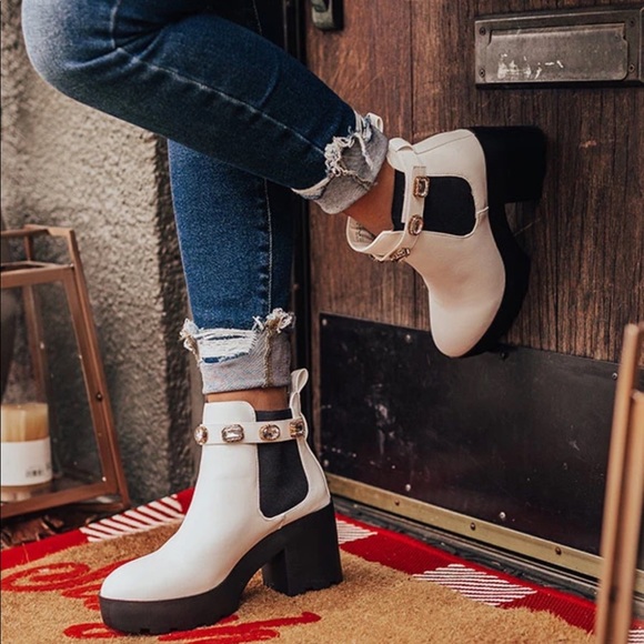 Removable Jeweled Ankle Strap White Chelsea Boot - Picture 4 of 13
